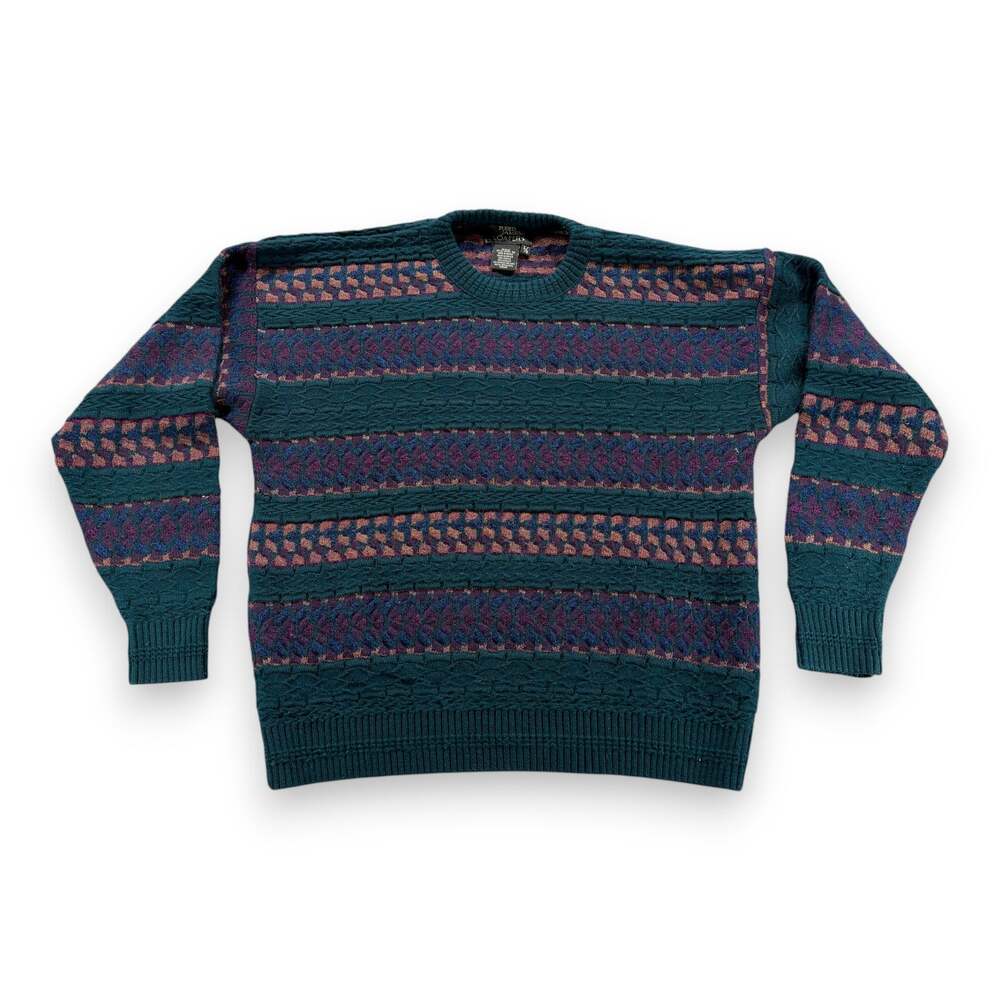 Vintage Reed St James Sweater Adult LARGE Green Purple Textured Knit Striped 90s